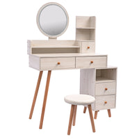 Stylish Vanity Table with Cushioned Stool Touch Control LED Mirror Large Storage Cabinet 5 Drawers Adjustable Length Makeup Furniture