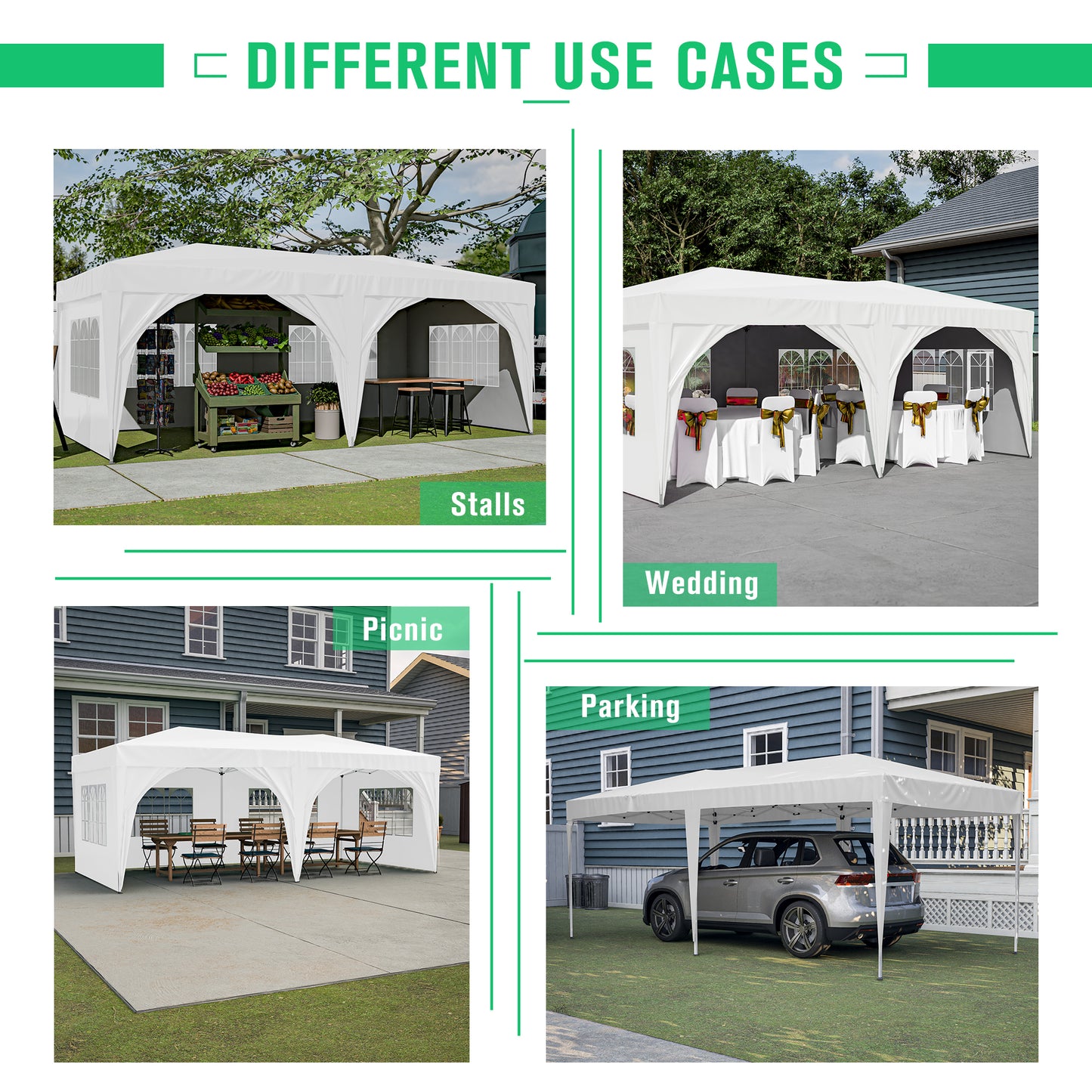 10x20 Waterproof Pop Up Canopy Tent with 6 Sidewalls Adjustable Height Carry Bag Sand Bags Ropes and Stakes for Outdoor Events