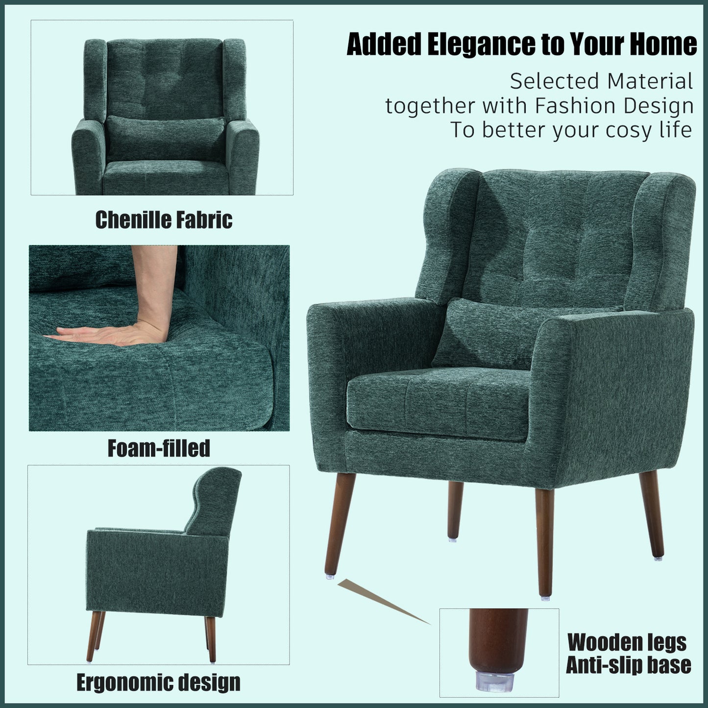 Chenille Modern Accent Chair with Pillow Soft Upholstered Armchair for Living Room Bedroom Solid Wood Legs Blackish Green
