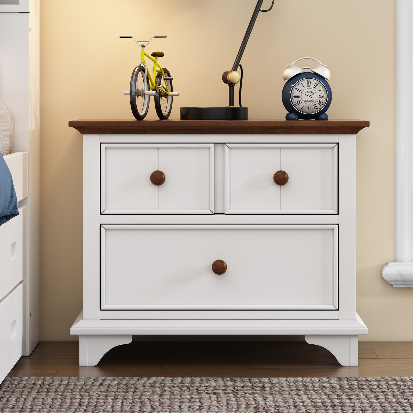 Wooden Two-Drawer Nightstand for Kids Bedroom Living Room End Table White Walnut Finish