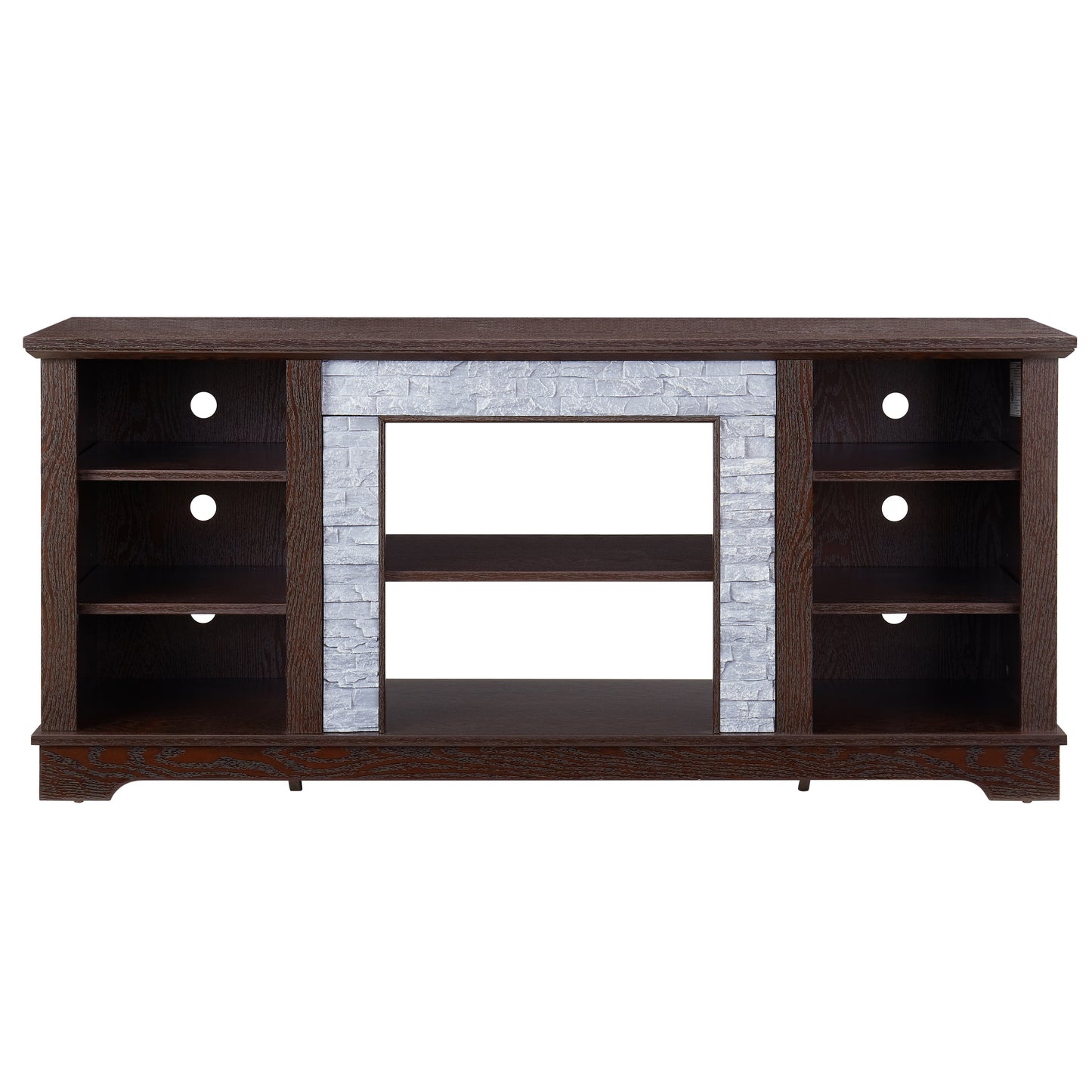 TV Media Stand with with Faux Stacked Stone Surround, Modern Entertainment Console with Open Storage Space, Cherry, 58.31"W*15.39"D*26.06"H