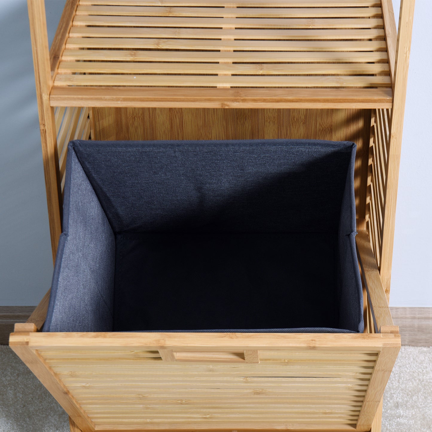 Bathroom Laundry Basket - Bamboo Storage with 2-Tier Shelf, 17.32 x 13 x 37.8 Inch, Stylish and Functional Home Organizer