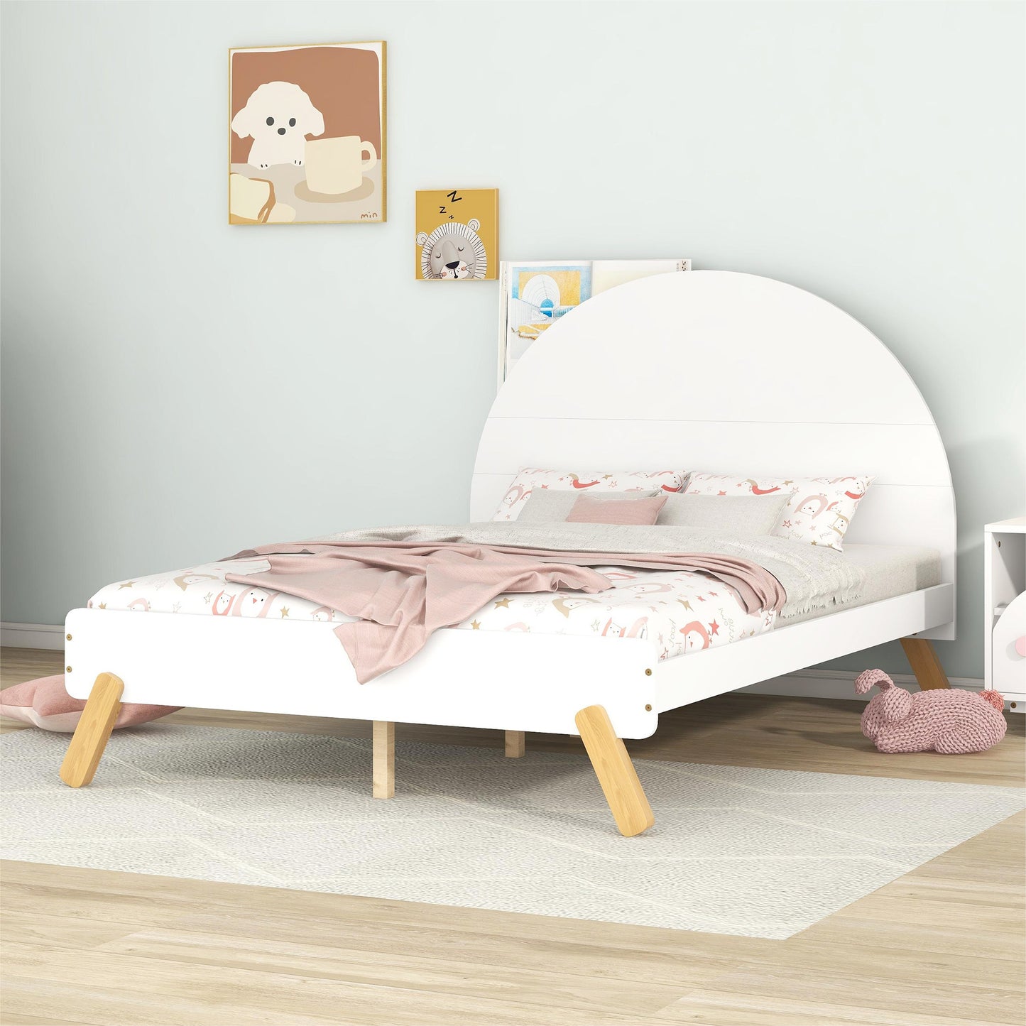 Wooden Cute Full Size Platform Bed with Curved Headboard and Shelf White