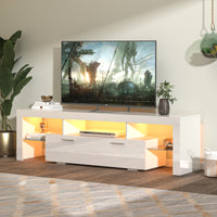 Modern White TV Stand with LED Light Belt, Remote Control, Toughened Glass Shelf, and Metal Handles - Stylish Entertainment Center