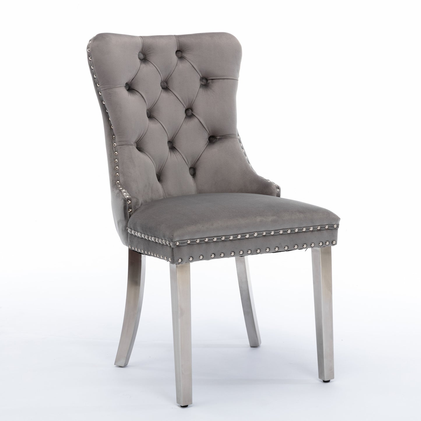 Modern High-end Tufted Solid Wood Velvet Upholstered Dining Chair with Chrome Legs and Nailhead Trim Set of 2 Gray