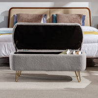 Grey Storage Ottoman Bench for End of Bed with Gold Legs Modern Faux Fur Upholstered Padded Entryway Bench for Living Room Bedroom