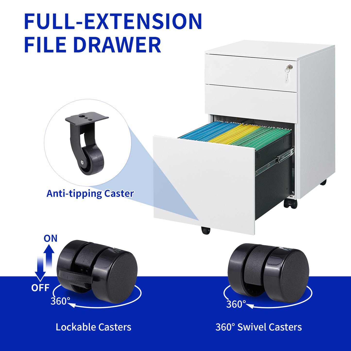 3 Drawer Mobile File Cabinet with Lock Steel Storage for Legal Letter A4 F4 Size Fully Assembled Home Office Use