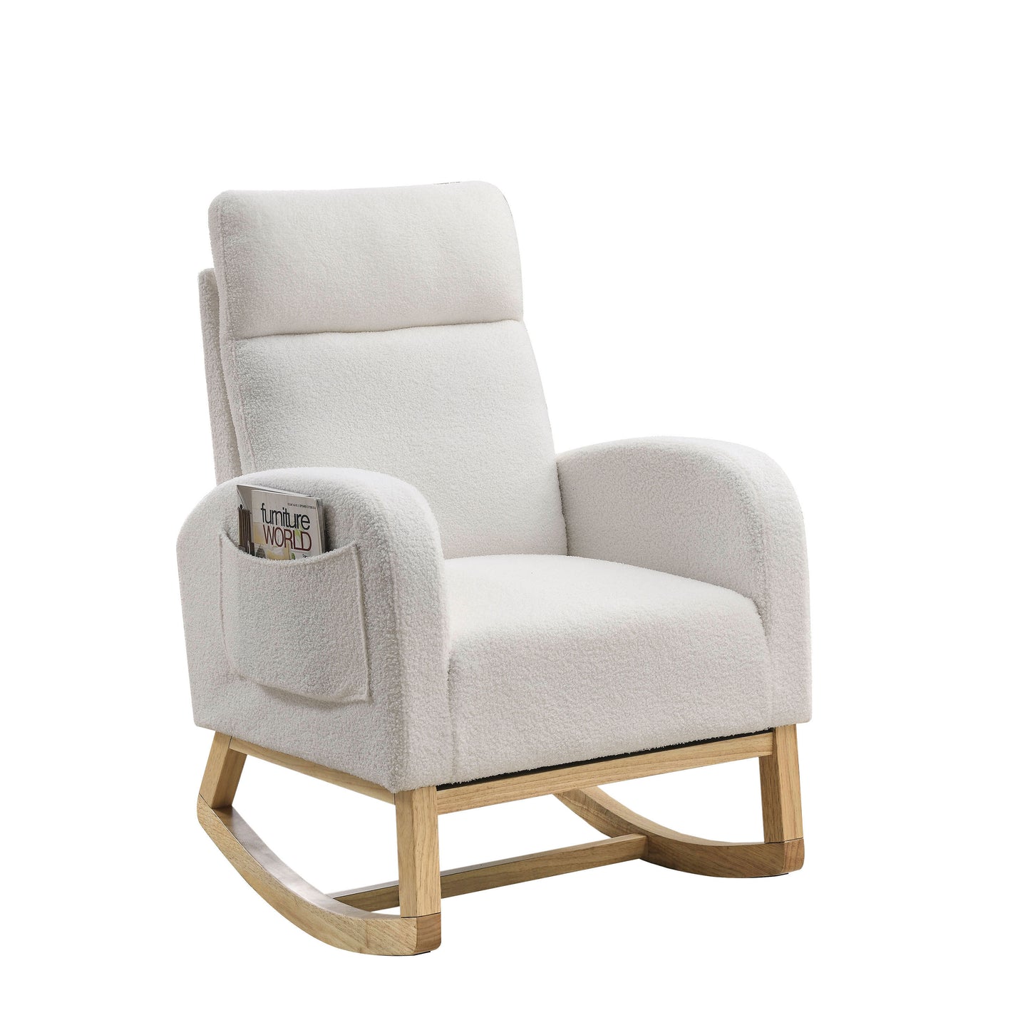 Modern Accent High Backrest Lounge Arm Rocking Chair with Two Side Pockets Teddy White Ivory