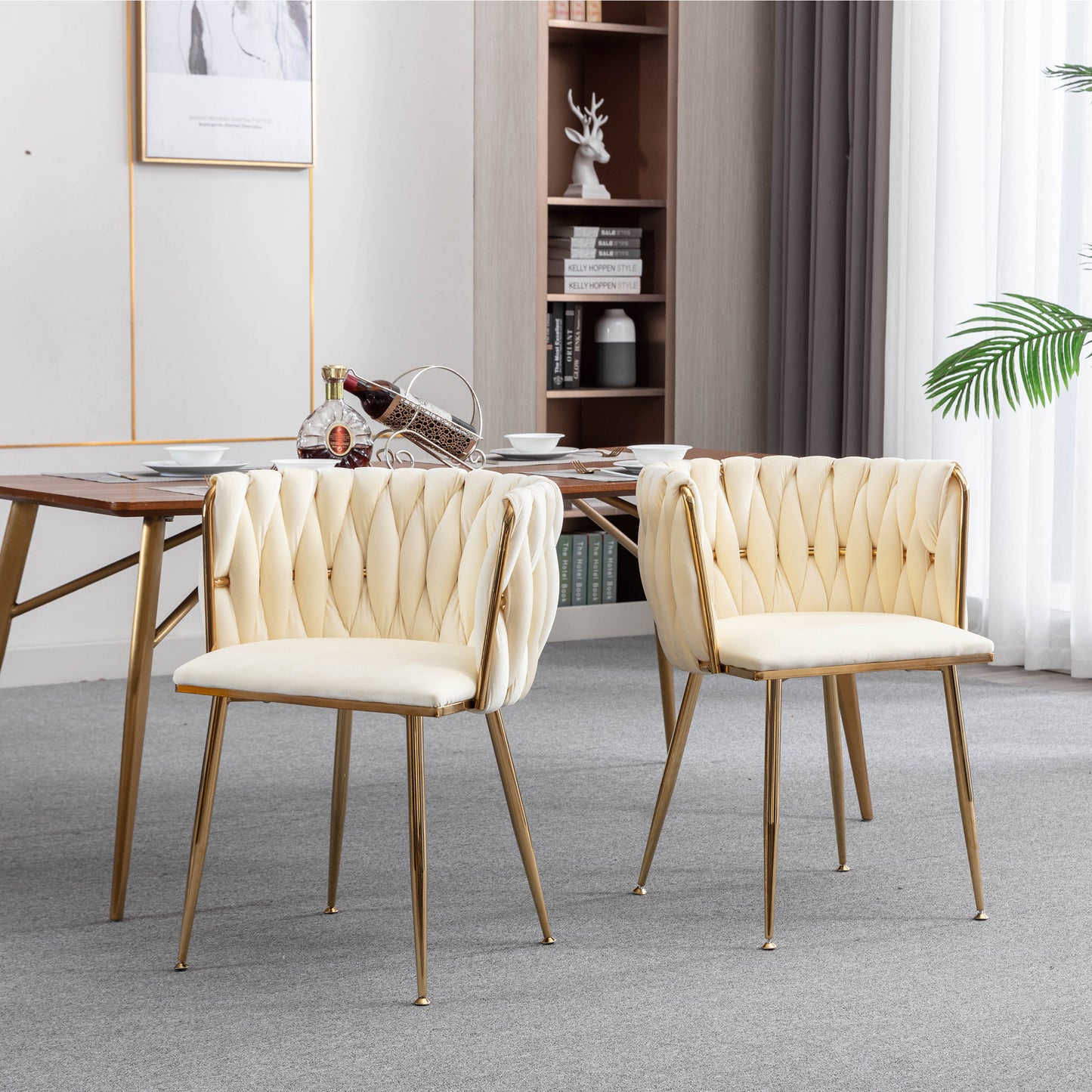 Modern Velvet Dining Chair Set of 2 with Golden Metal Frame and Legs Ivory Color