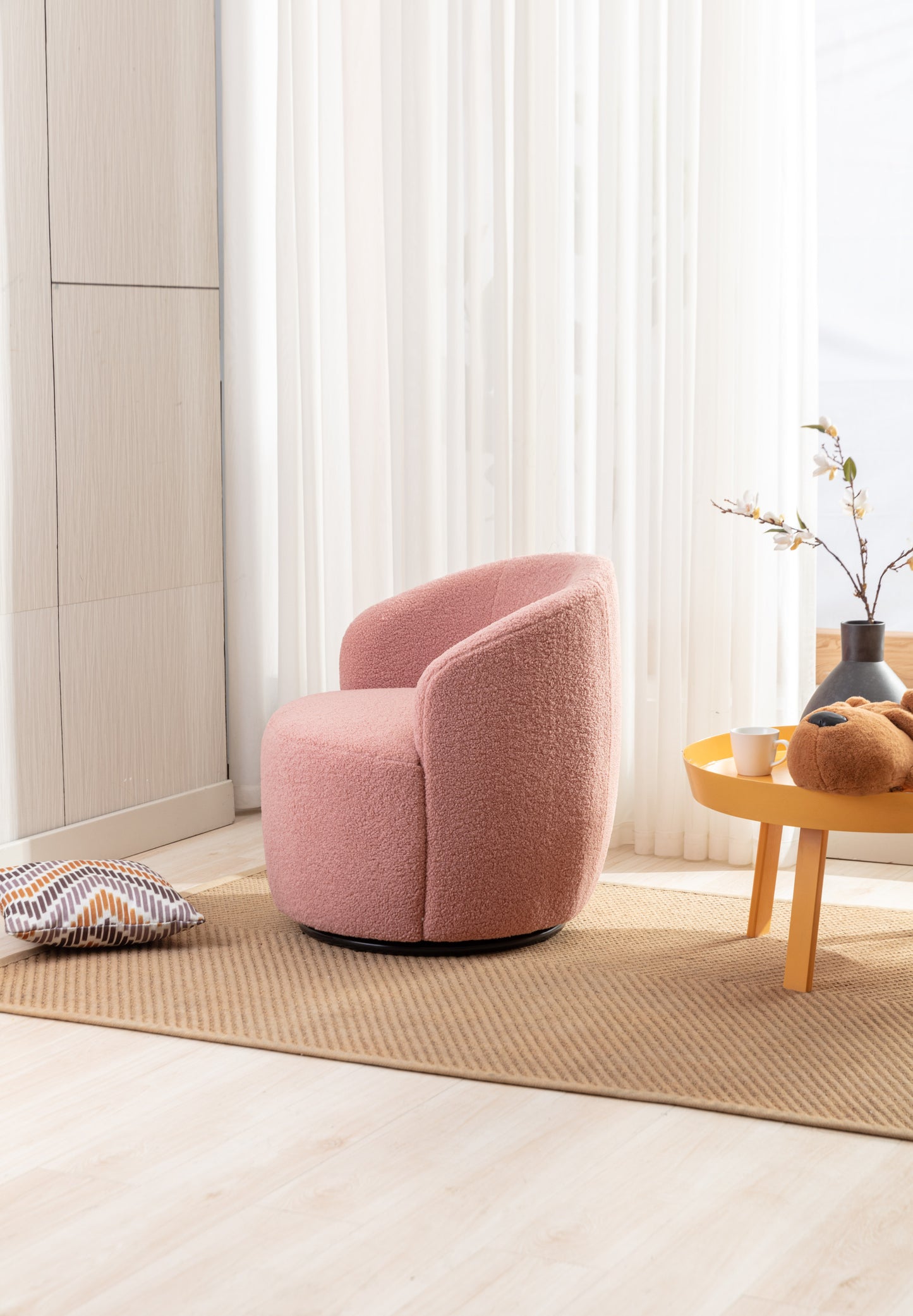 Light Pink Swivel Accent Armchair Barrel Chair with Black Powder Coated Metal Ring for Living Room or Office