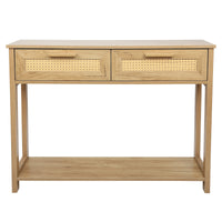 Console Table with 2 Drawers and Open Storage Shelf Narrow Accent Table Rattan Design for Living Room Entryway Hallway Natural Color