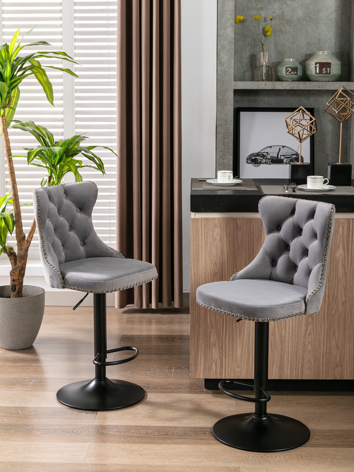 Adjustable Swivel Velvet Barstools Set of 2 Gray Modern Upholstered Tufted Back for Kitchen Island Home Pub 25-33 Inch