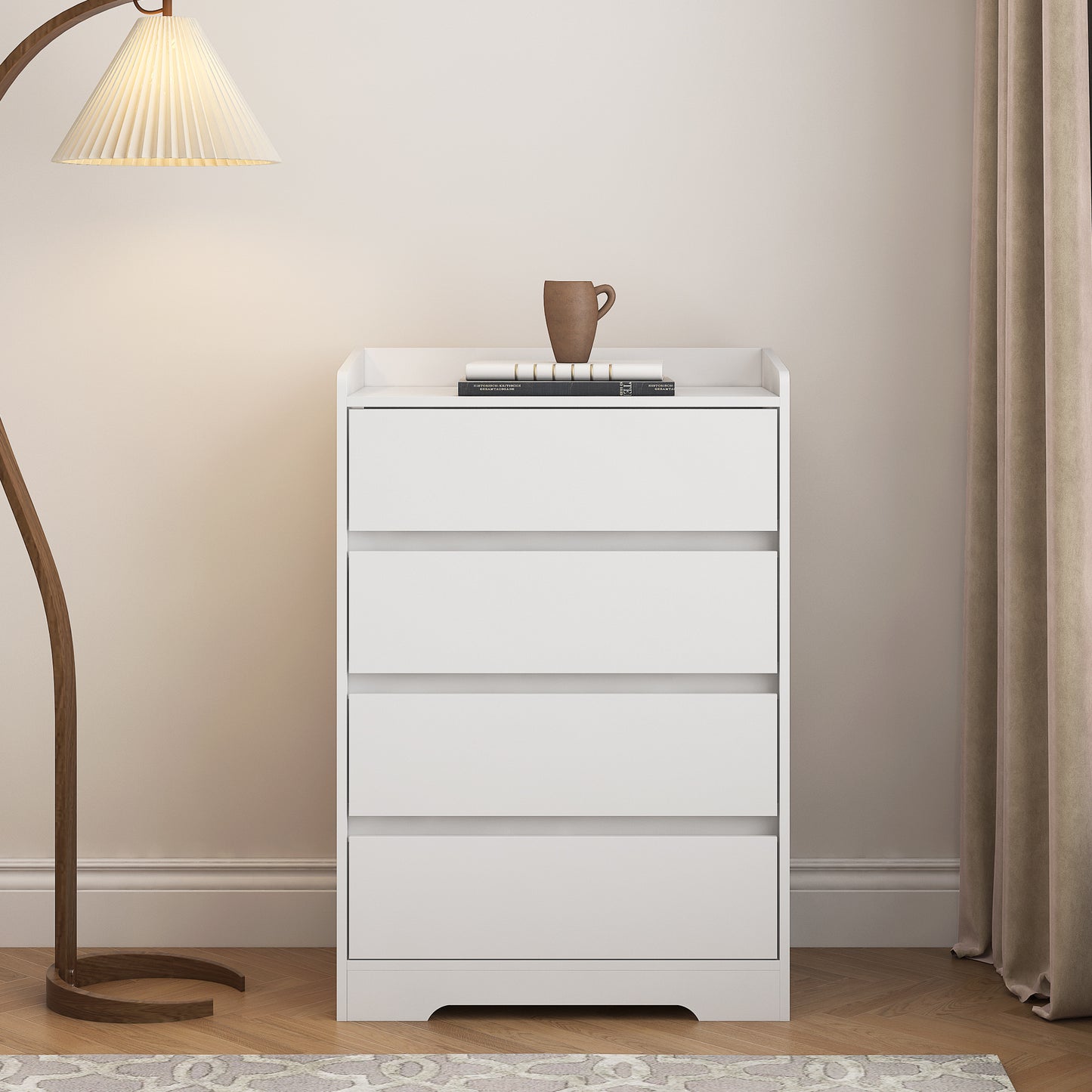 Modern 4 Drawer Dresser - Handle-Free White Wooden Chest, Waterproof Storage Cabinet for Bedroom, Living Room, Entryway, Office