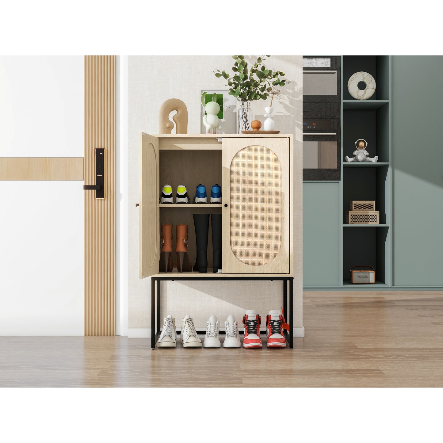 2 Door High Cabinet with Rattan Design, Built-in Adjustable Shelf, Easy Assembly, Free Standing Storage for Living Room or Bedroom