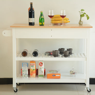 Mobile Kitchen Island with Rubber Wood Top, Lockable Wheels, Simple Design, Two Drawers for Utensil Storage, Easy to Move and Store