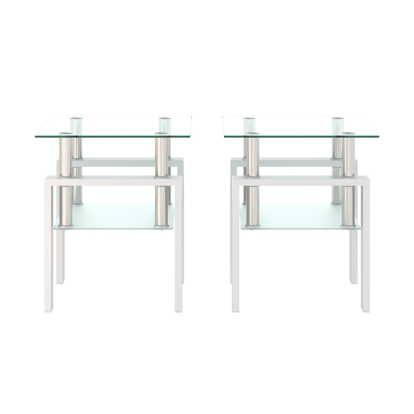 Set of 2, Modern Tempered Glass Tea Table Coffee Table End Table, Square Table for Living Room, Transparent/White