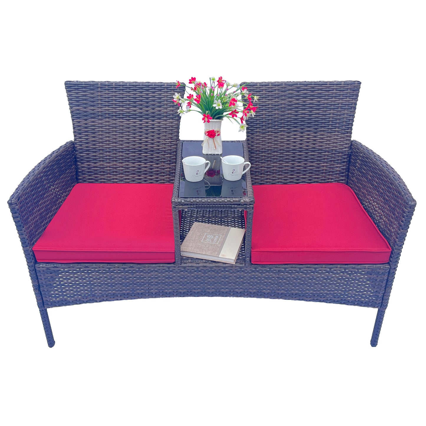 Modern Wicker Patio Conversation Set with Removable Cushions and Tempered Glass Table for Garden and Backyard