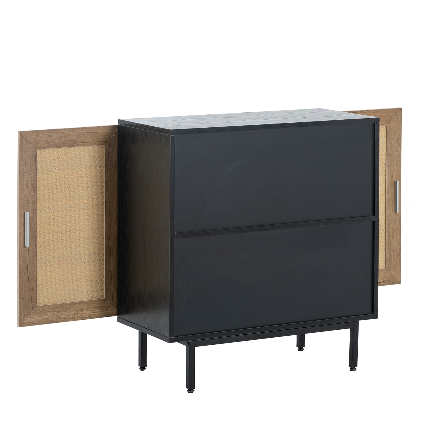 Black Rattan Storage Cabinet with 2 Doors Fixed Shelf Large Space Sideboard for Living Room Entryway Hallway Dining Room