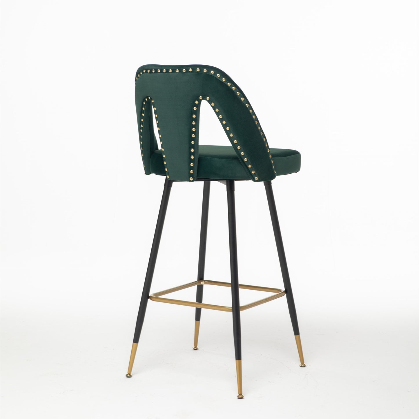 Modern Velvet Upholstered Bar Stool Set of 2 with Nailheads and Gold Tipped Black Metal Legs Green