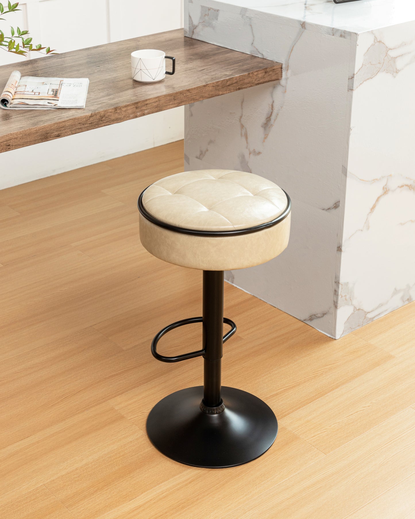 Khaki Faux Leather Adjustable Bar Stool Set of 2 360° Swivel Armless Counter Chairs with Metal Frame for Kitchen Dining Living Room