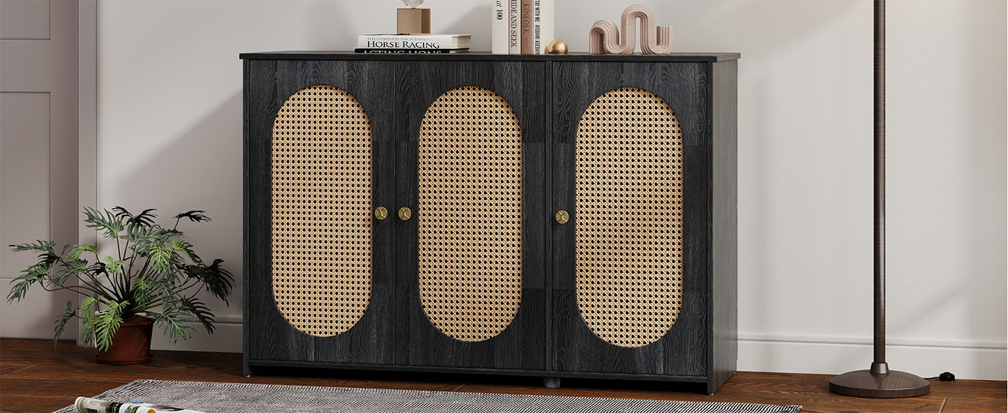 Retro 3-Door Accent Cabinet with Rattan Doors and Metal Handles for Living Room and Hallway Antique Black