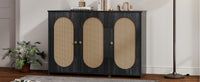 Retro 3-Door Accent Cabinet with Rattan Doors and Metal Handles for Living Room and Hallway Antique Black