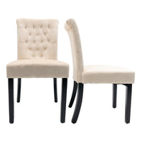 Tufted High Back Velvet Dining Chair Set of 2 Beige Solid Wood Frame Accent Chairs