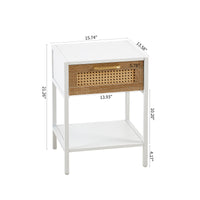 15.74 Inch Rattan End Table with Drawer Modern Nightstand Metal Legs Side Table for Living Room Bedroom White