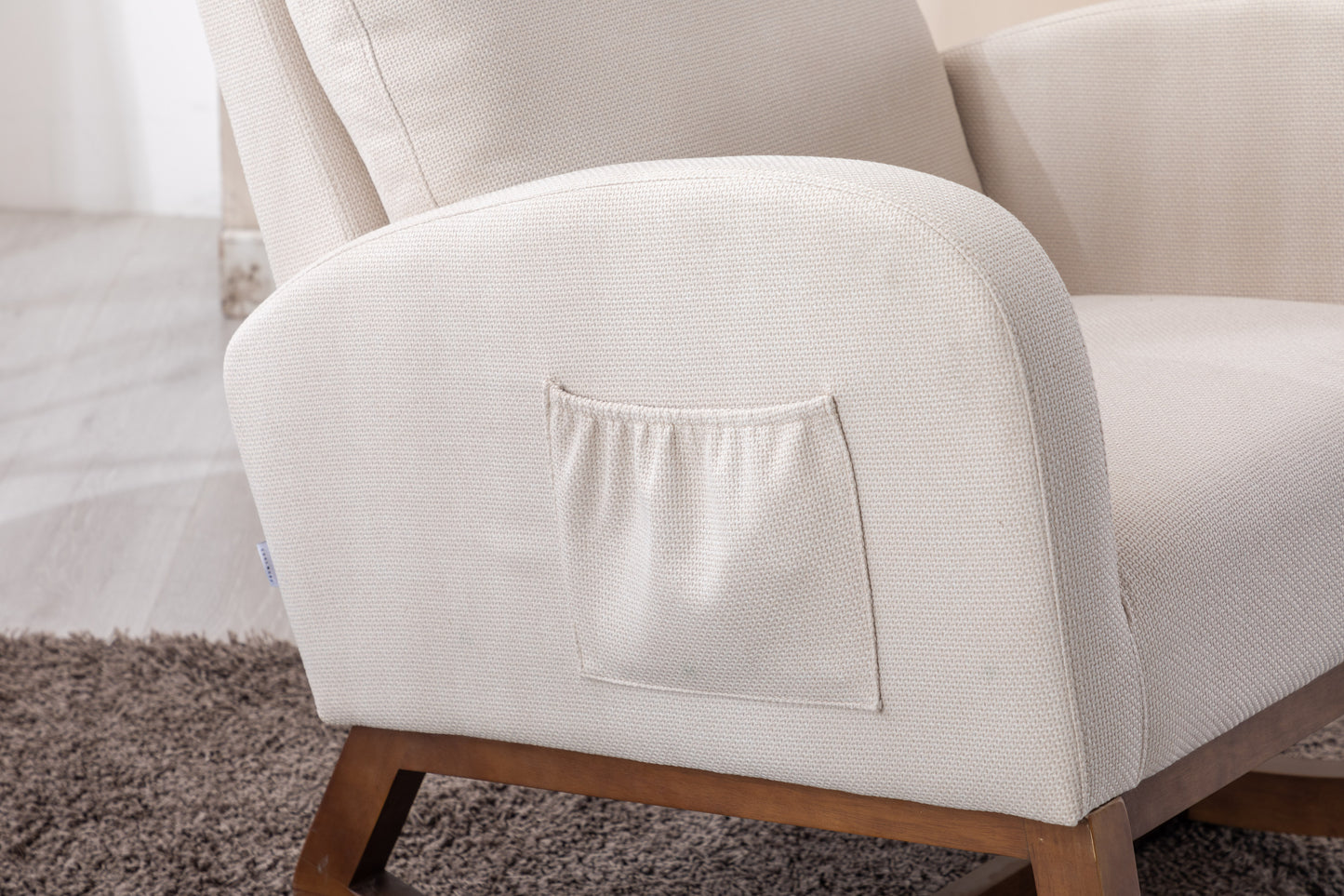 Modern Glider Recliner Armchair with Wood Legs and Side Pocket for Nursery Living Room Bedroom Beige Linen