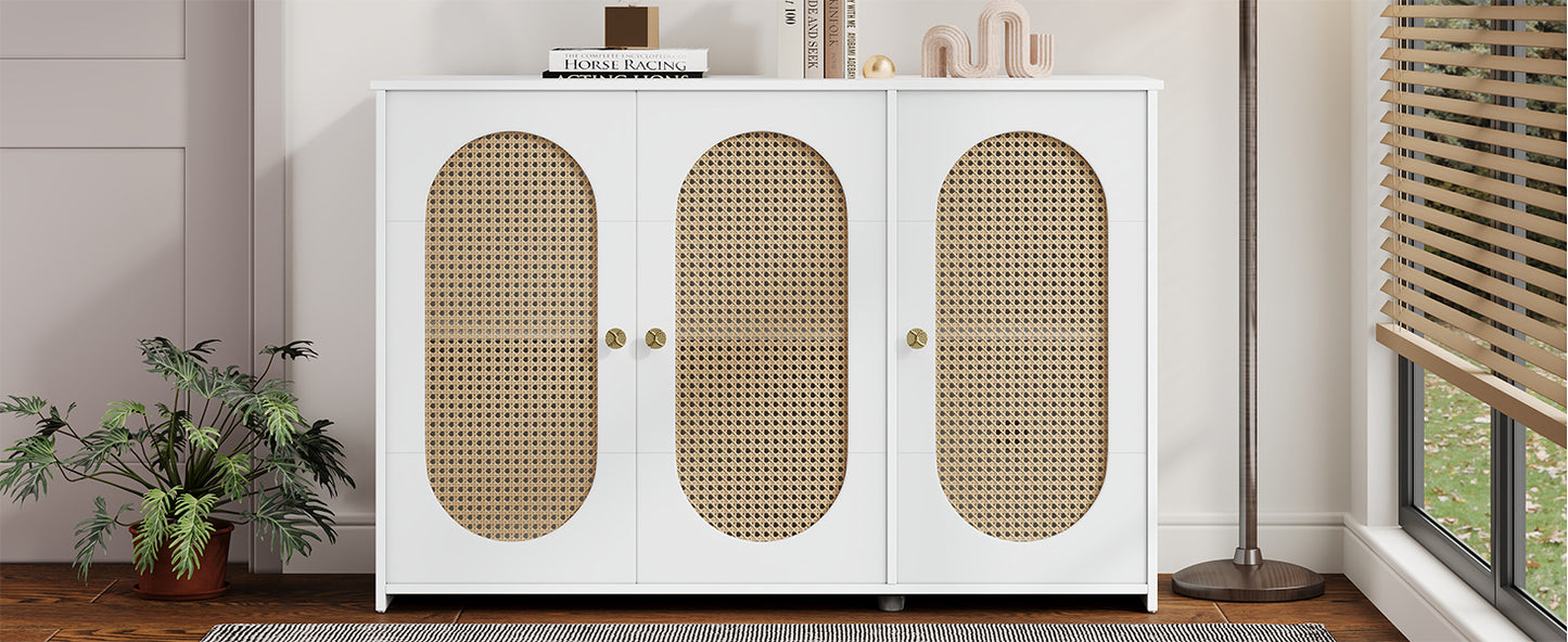 Retro 3-Door Accent Cabinet with Rattan Doors and Metal Handles for Living Room and Hallway Storage White