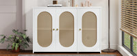 Retro 3-Door Accent Cabinet with Rattan Doors and Metal Handles for Living Room and Hallway Storage White