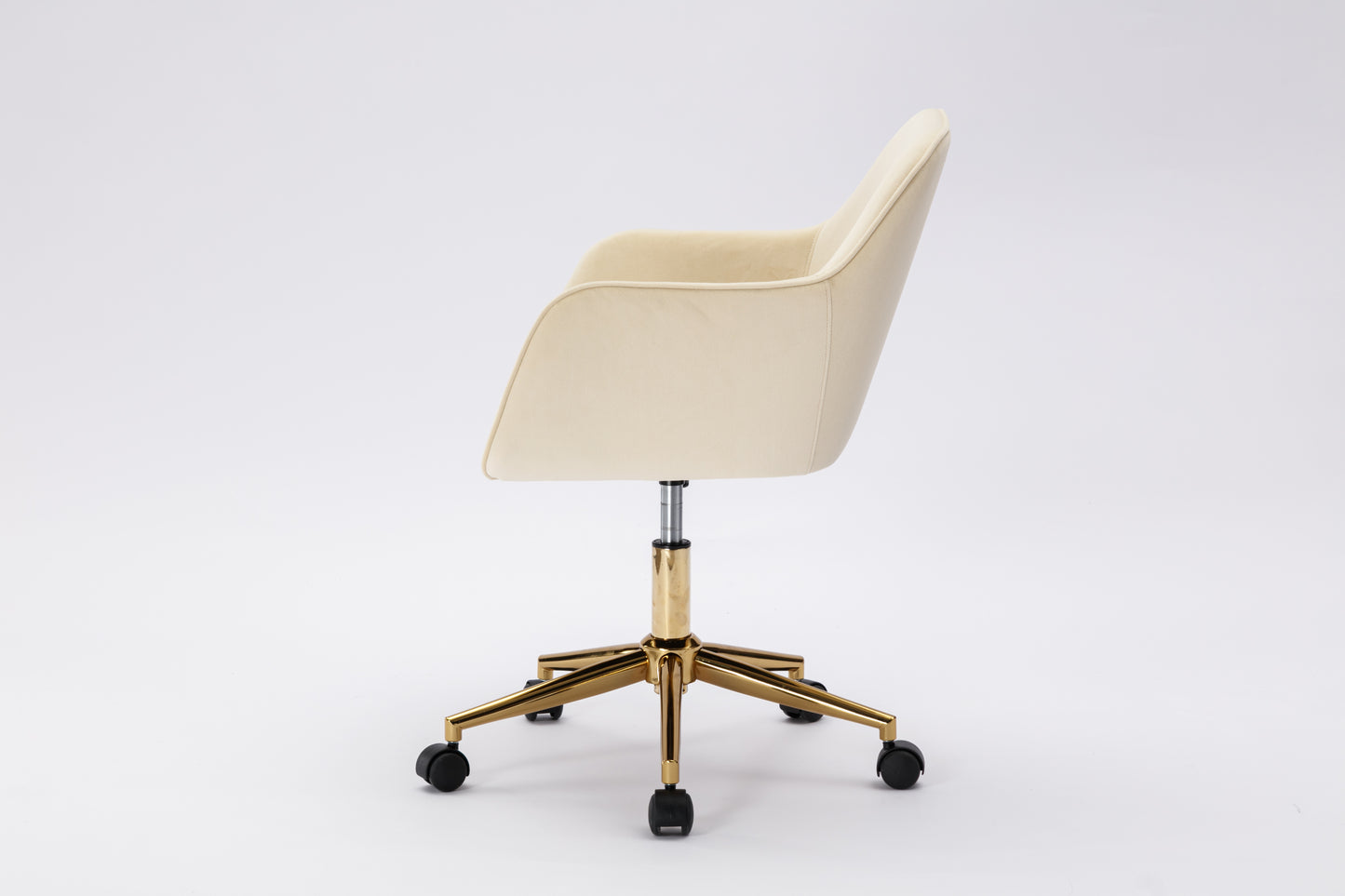 Adjustable Height 360 Revolving Velvet Office Chair with Gold Metal Legs and Universal Wheels Beige