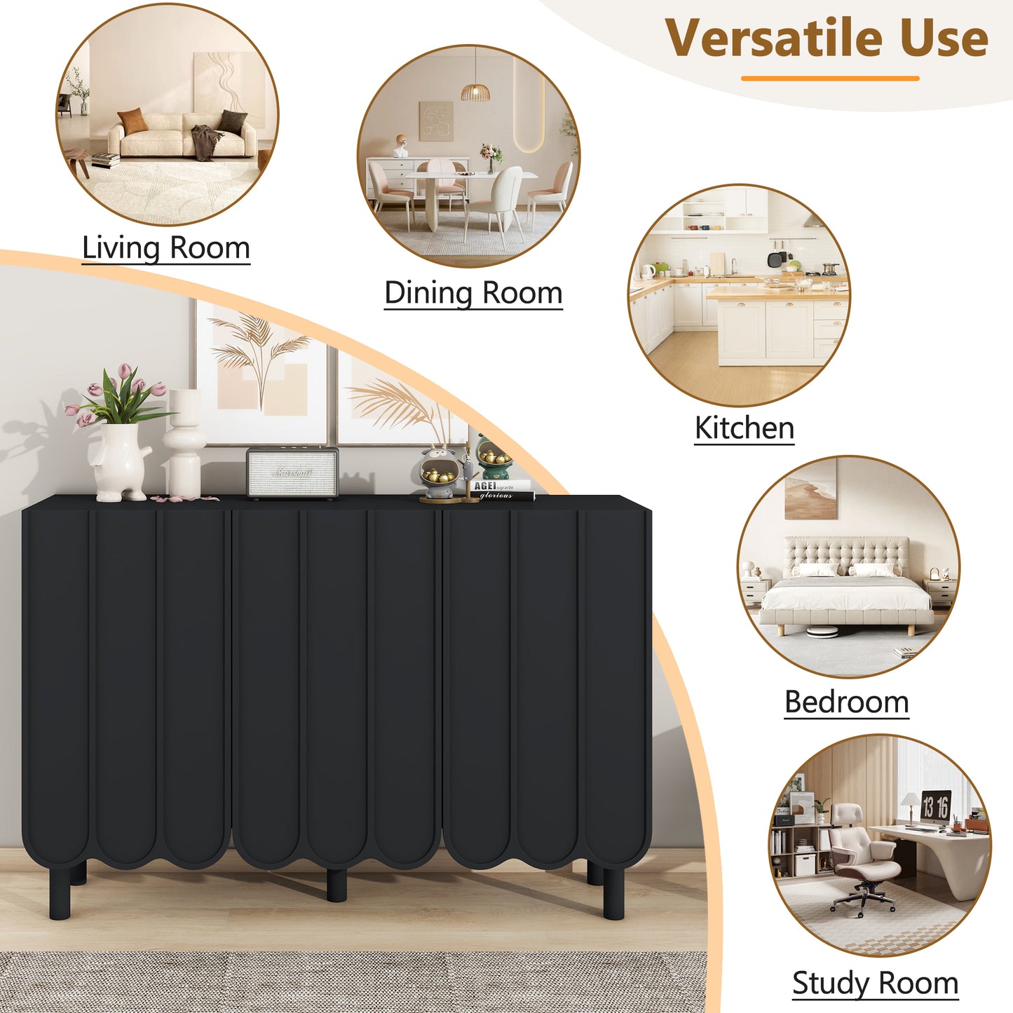 Cream Minimalist Shoe Cabinet with 5 Solid Wood Legs Adjustable Shelves Wave Door Design for Living Room Storage Black
