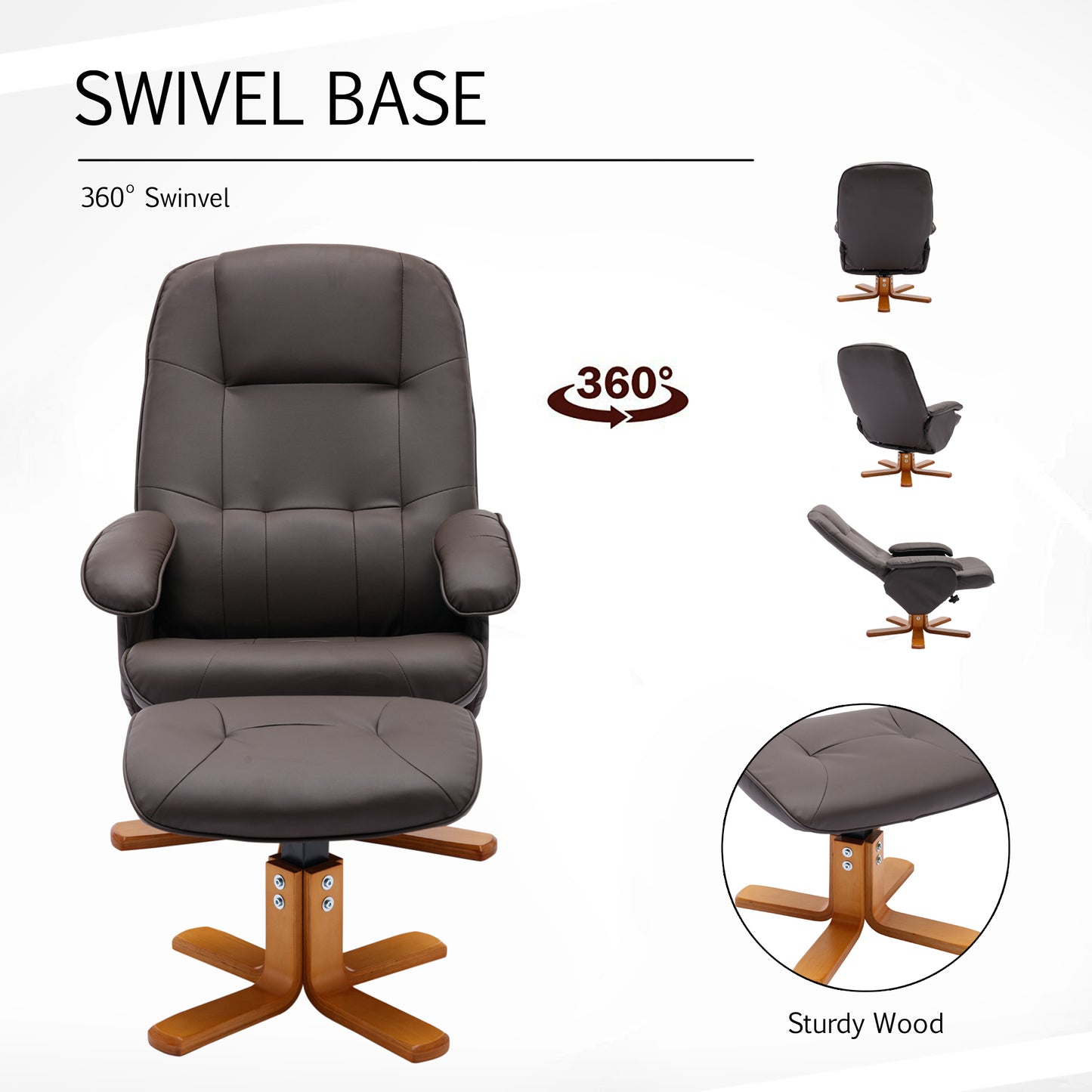 Swivel Recliner Chair with Ottoman Faux Leather Beige Brown Wood Base for Living Room Bedroom