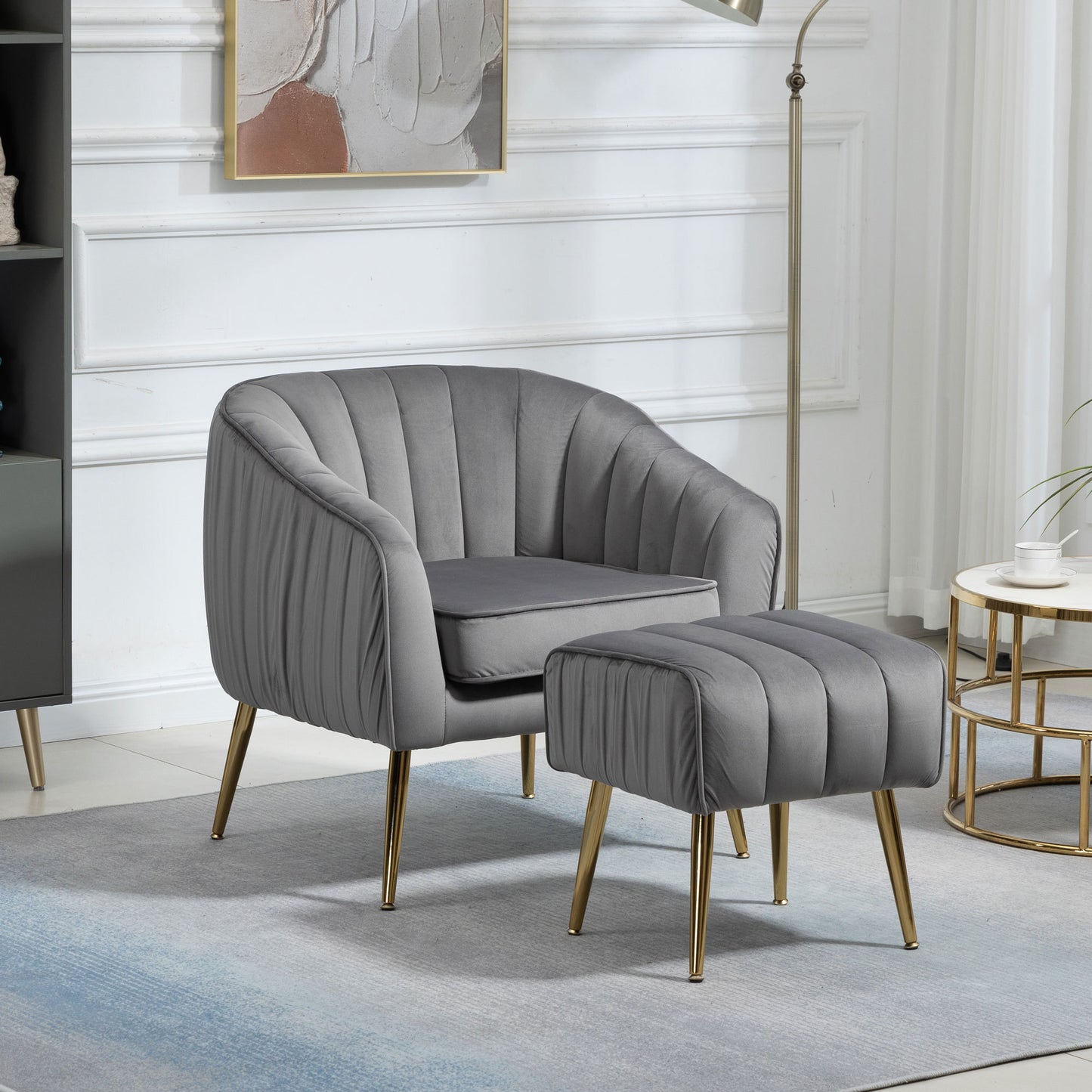 Modern Velvet Accent Chair and Ottoman Set Tufted Barrel Design for Living Room Bedroom Grey with Golden Finish