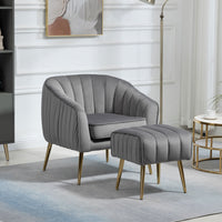 Modern Velvet Accent Chair and Ottoman Set Tufted Barrel Design for Living Room Bedroom Grey with Golden Finish