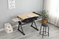 Adjustable Drawing Drafting Table Desk with 2 Drawers for Home Office and School with Stool Wood