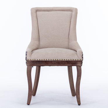 Ultra Side Dining Chairs Set of 2 Beige Thick Fabric with Solid Wood Legs and Bronze Nail Head