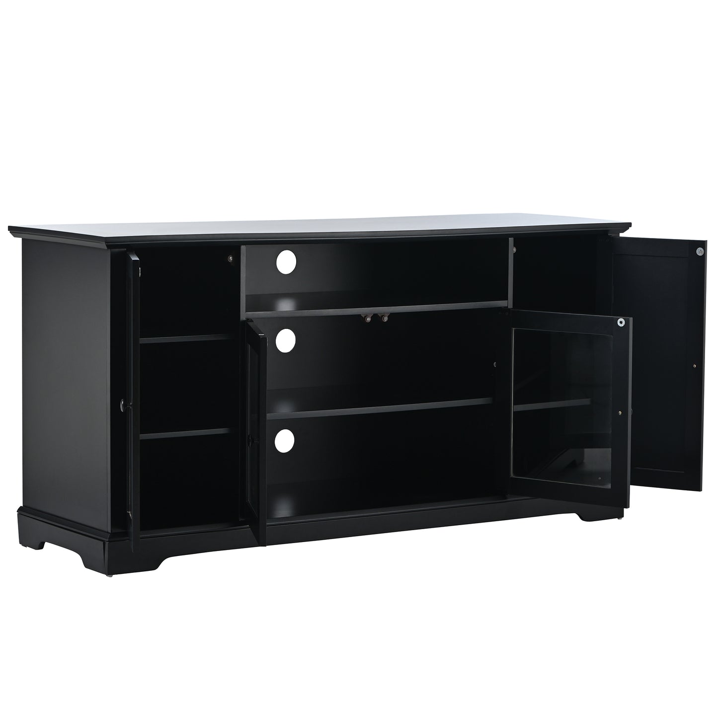 TV Stand for 65 Inch TV with Adjustable Panels and 2 Tempered Glass Doors Open Style Cabinet Sideboard for Living Room Black