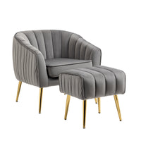 Modern Velvet Accent Chair and Ottoman Set Tufted Barrel Design for Living Room Bedroom Grey with Golden Finish