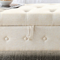 62 Inch Tufted Button Storage Bench Modern Fabric Ottoman Rolled Arm Design for Bedroom Living Room Foyer Beige