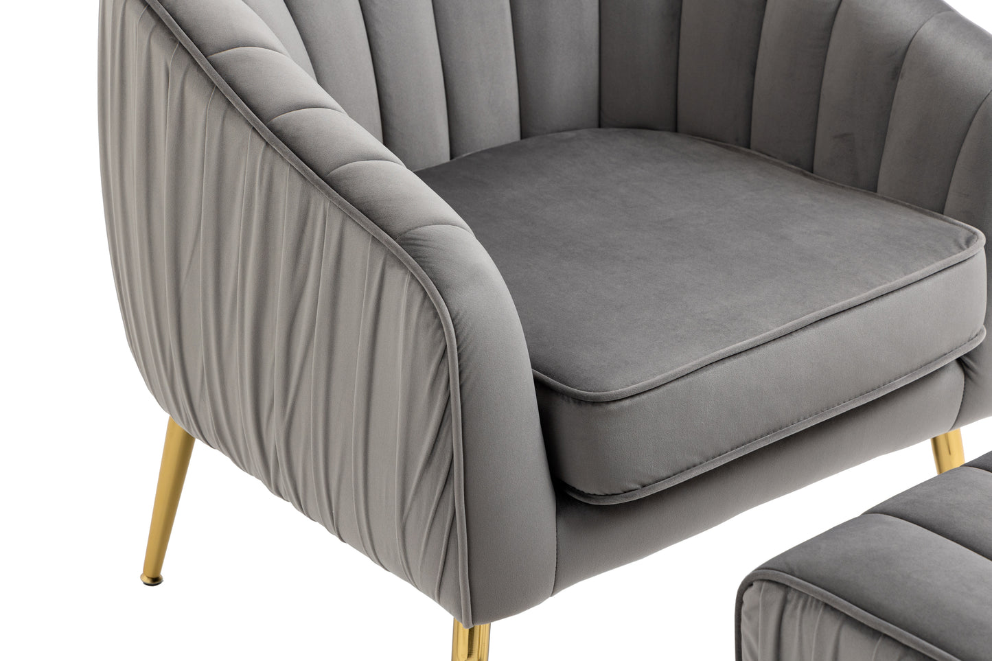 Modern Velvet Accent Chair and Ottoman Set Tufted Barrel Design for Living Room Bedroom Grey with Golden Finish