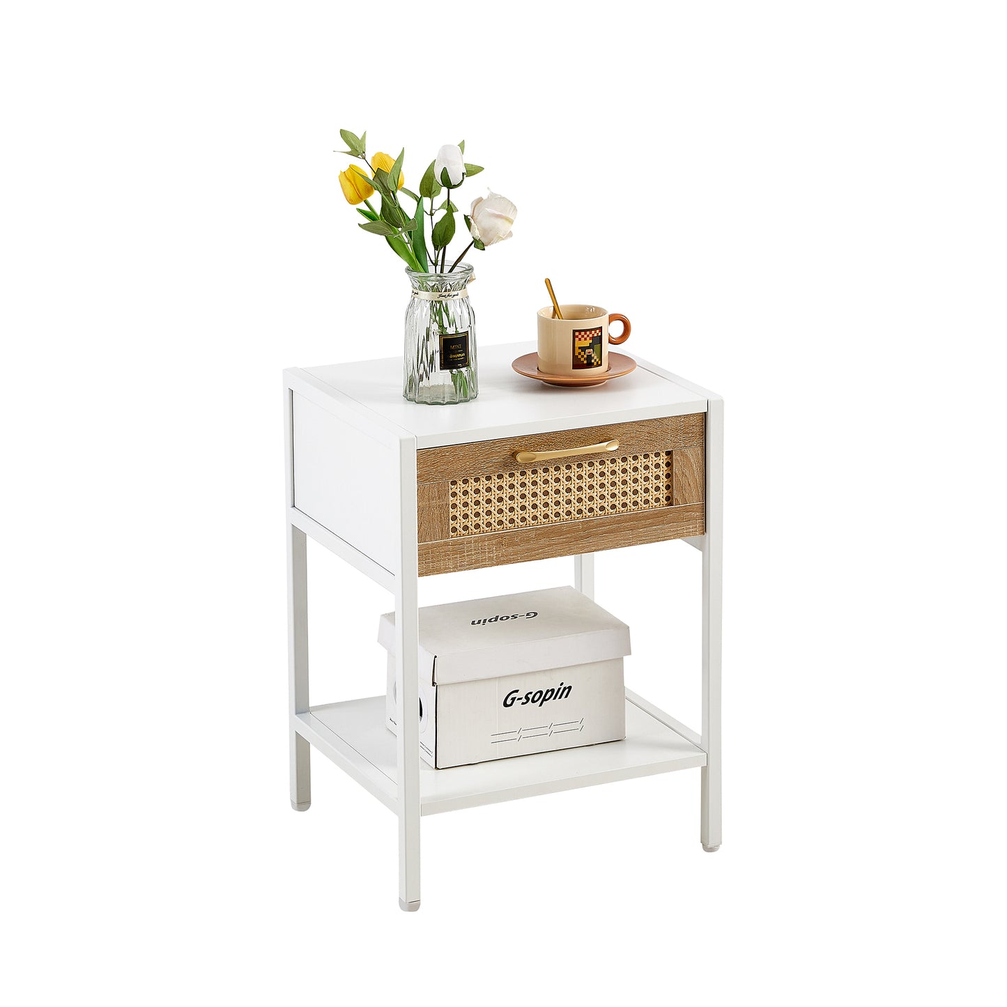 15.74 Inch Rattan End Table with Drawer Modern Nightstand Metal Legs Side Table for Living Room Bedroom White