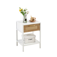 15.74 Inch Rattan End Table with Drawer Modern Nightstand Metal Legs Side Table for Living Room Bedroom White