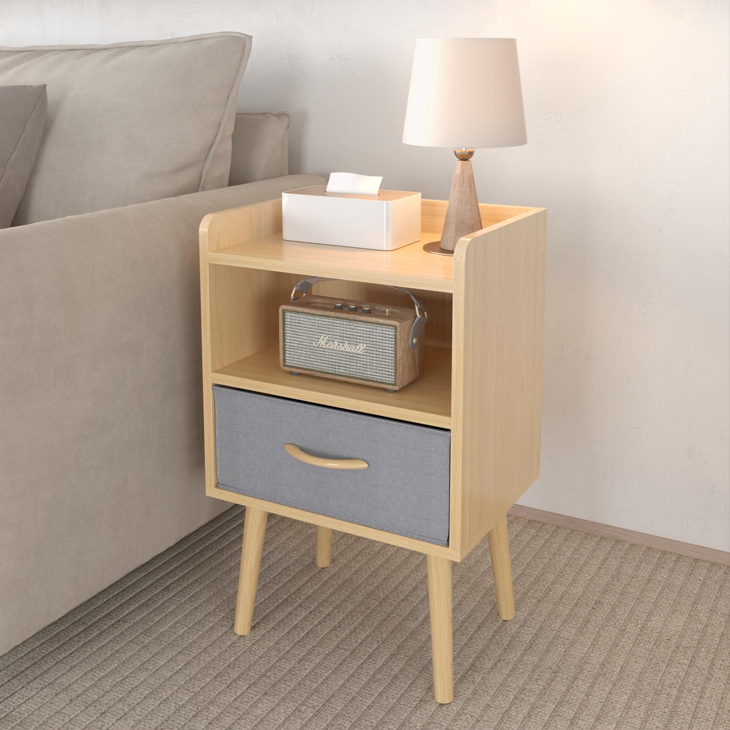 Collapsible Fabric Drawer Nightstand 2-Tier Storage End Table Wood Side Table with Storage Cabinet for Kids and Adults Oak