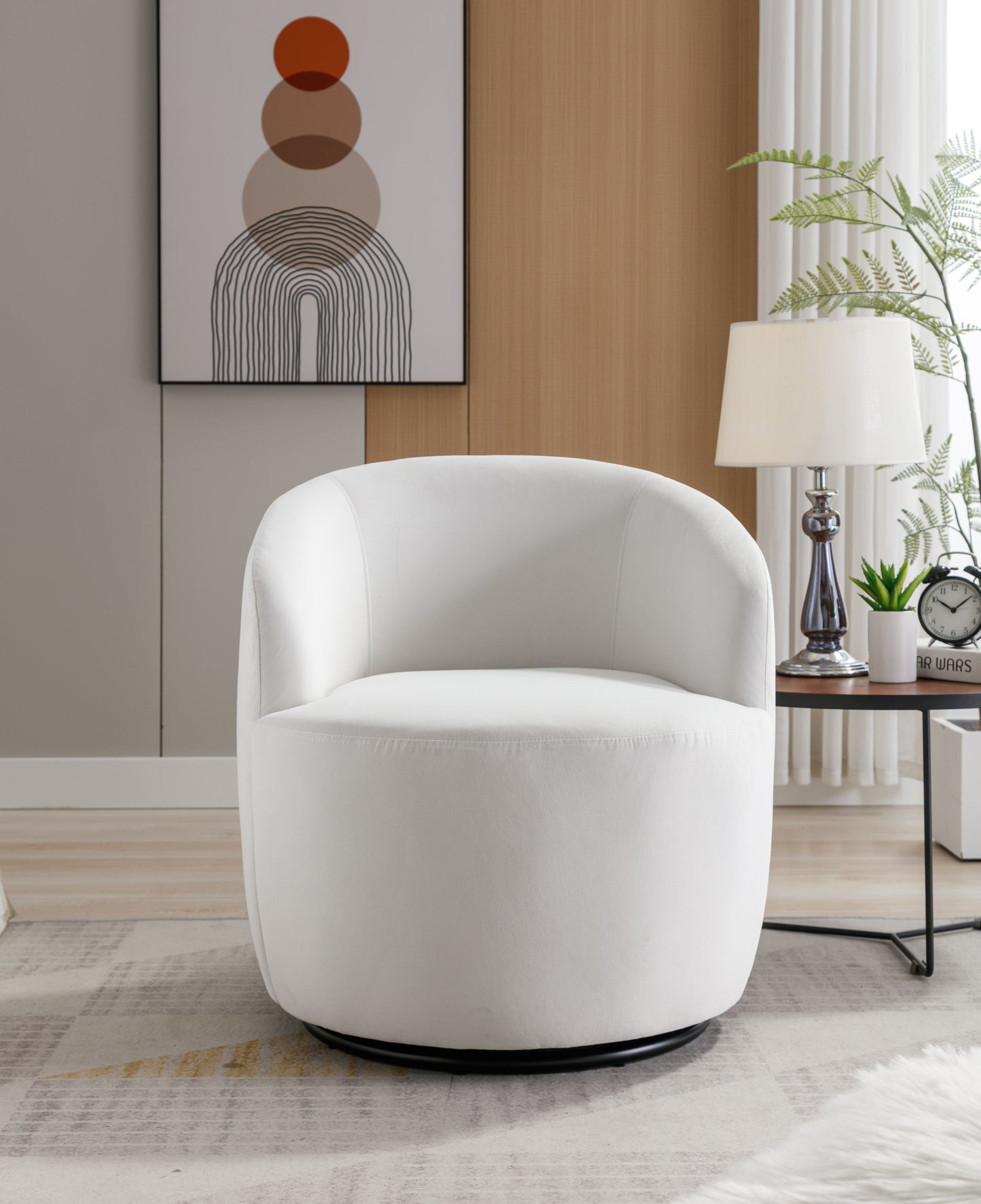 Velvet Fabric Swivel Accent Armchair Barrel Chair with Black Metal Ring Base White