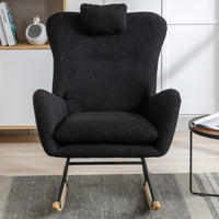 Black 35.5 Inch Soft Teddy Fabric Wingback Rocking Chair with Pocket Solid Wood Base for Nursery Living Room Bedroom