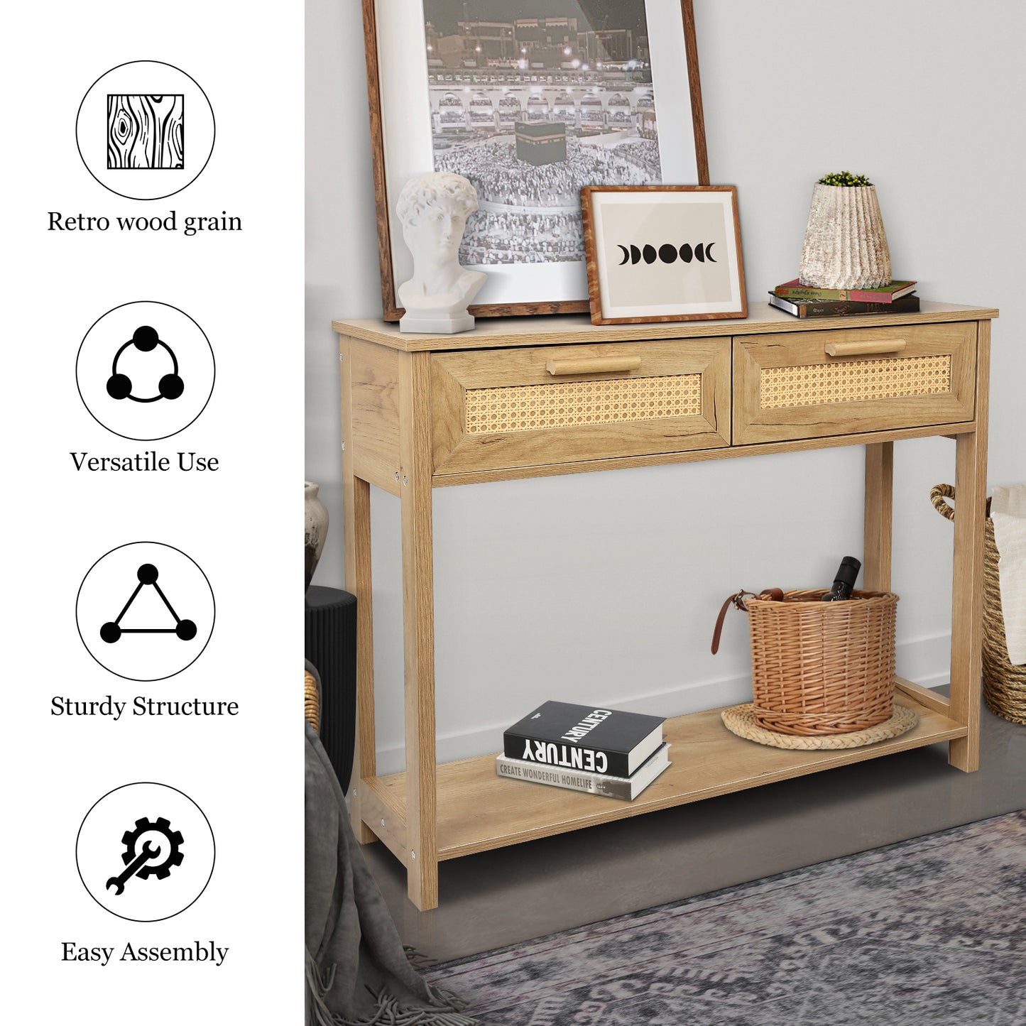 Console Table with 2 Drawers and Open Storage Shelf Narrow Accent Table Rattan Design for Living Room Entryway Hallway Natural Color