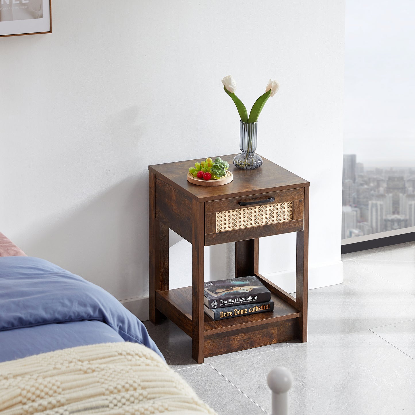 15.75" Rattan End table with  drawer, Modern nightstand, side table for living room, bedroom,Rustic Brown