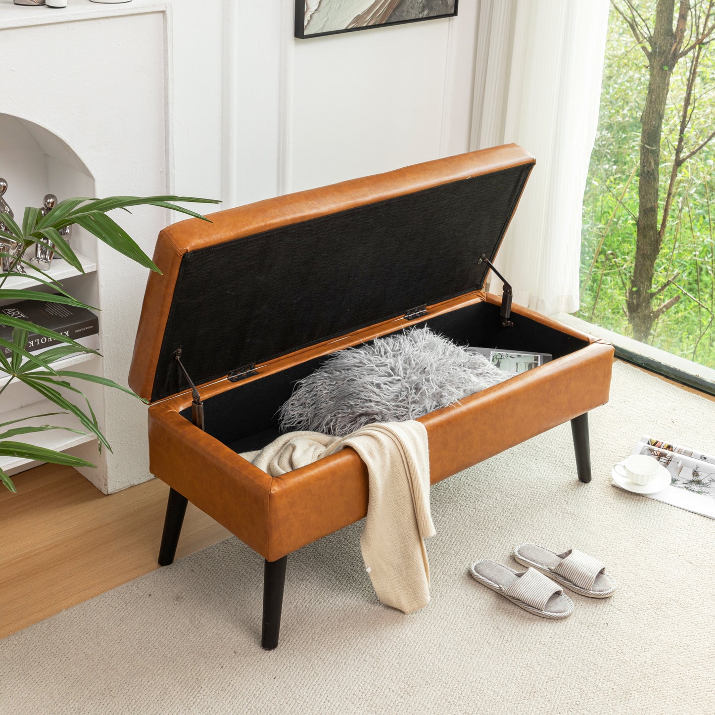 Brown Leather Storage Bench for Bedroom Entryway 43.3" Stylish Ottoman at Foot of Bed